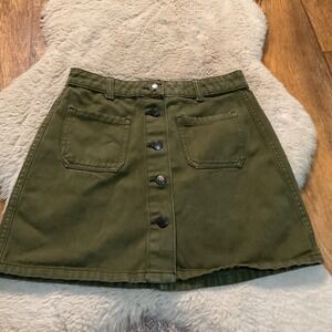 Bershka Skirt Button Front Size 4 Olive Green Front Pockets Denim Mini A‎ Line